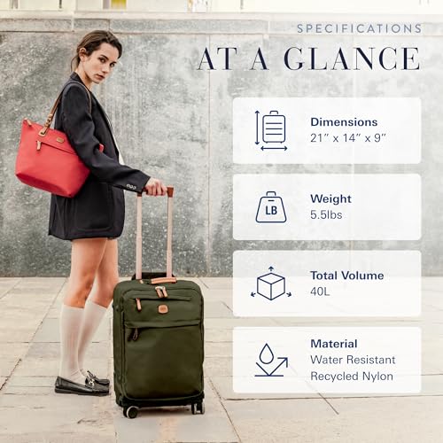 Bric's X-Travel 21” Carry-On Spinner – Airline Approved Luxury Softside Luggage with 360° Wheels, Recycled Water-Resistant Fabric, Interior Pockets, and Leather Details – Olive - color: Olive, size: Carry-On
