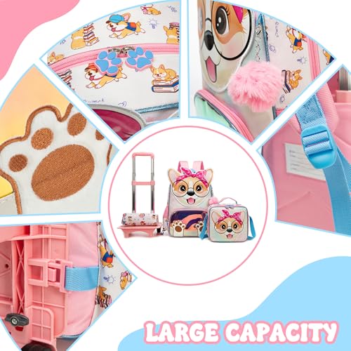 Meetbelify Girls Rolling Backpack with Wheels Kids Wheels Backpack for Girls Luggage with Lunch Box Pencil Case for Elementary Student - color: Dog