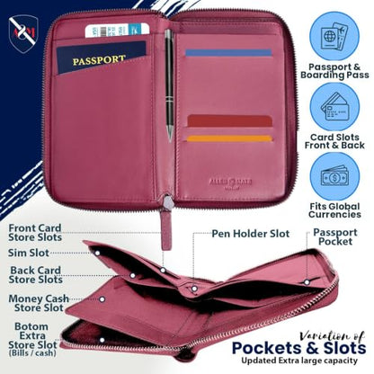 ALLEN & MATE Leather Passport Holder for Travel, RFID Zip Travel Wallet - color: Maroon