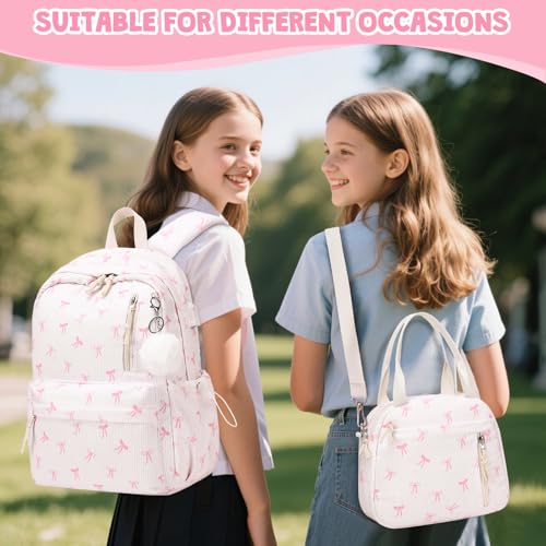 3PCS Corduroy Girls Backpack w/ Lunch Box & Pencil Bag (Beige Bow Tie) - color: Beige Bow Tie