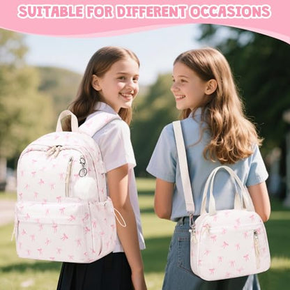 3PCS Corduroy Girls Backpack w/ Lunch Box & Pencil Bag (Beige Bow Tie) - color: Beige Bow Tie
