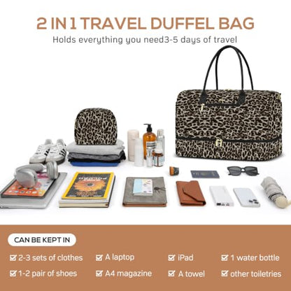 Travel Weekender Bags for Women: Duffel Bag with Shoe Compartment Overnight - color: 32-Brown Leopard Print, size: 40L-Large
