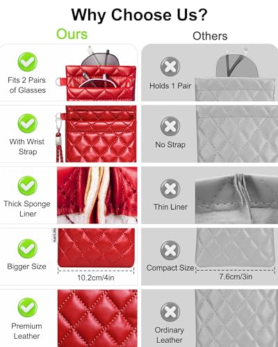 RayLove Double Glasses Case with Carrying Strap and Cleaning Cloth - color: Red