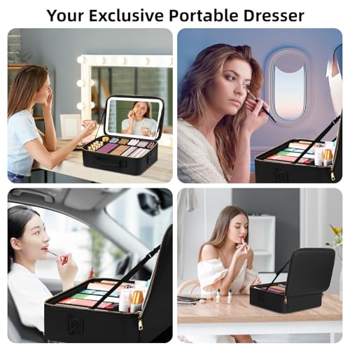 15“×11“Professional Makeup Train Case,Large Waterproof Travel Makeup bag with Mirror and Light, Leather Black Make up Bag with Mirror and Light,Led Makeup Case with Adjustable Dividers - color: Black, style: Non-removable