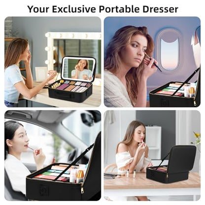 15“×11“Professional Makeup Train Case,Large Waterproof Travel Makeup bag with Mirror and Light, Leather Black Make up Bag with Mirror and Light,Led Makeup Case with Adjustable Dividers - color: Black, style: Non-removable