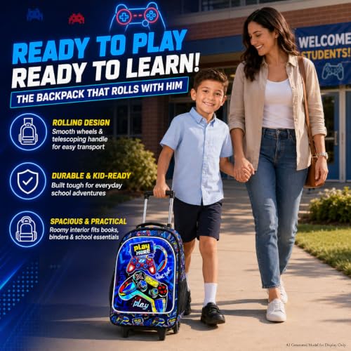 CCJPX Rolling Backpack for Boys, Kids Roller School Bag with Wheels Toddler Wheeled Bookbag Elementary - color: Red Game