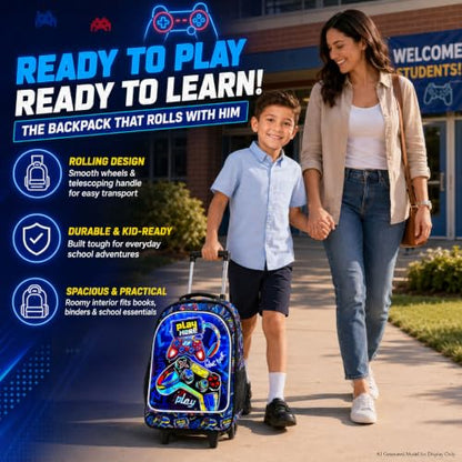 CCJPX Rolling Backpack for Boys, Kids Roller School Bag with Wheels Toddler Wheeled Bookbag Elementary - color: Red Game