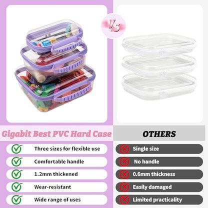 3 Pack Deep Clear Hard Shell Zipper Cases with Handle (Purple) - color: Purple Handle(L+M+S)