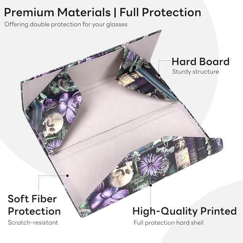 Sunglasses Case, Foldable Glasses Case, Magnetic PU Leather Hard Shell Folding Eyeglass Holder Box - color: Skull Bookself
