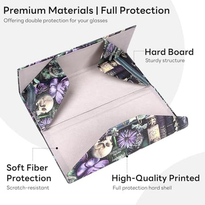 Sunglasses Case, Foldable Glasses Case, Magnetic PU Leather Hard Shell Folding Eyeglass Holder Box - color: Skull Bookself