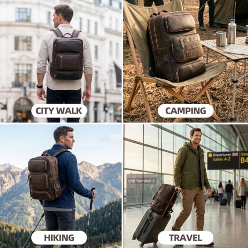 Full Grain Leather Backpack for Men, 16" Laptop Travel Rucksack, Brown - size: fits 16" laptop
