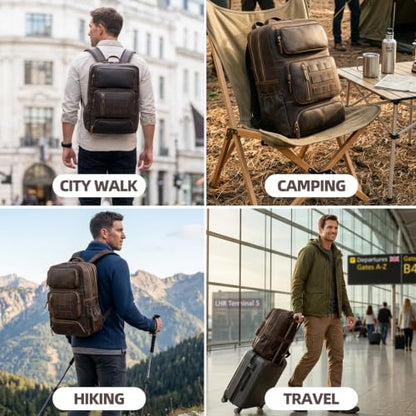 Full Grain Leather Backpack for Men, 16" Laptop Travel Rucksack, Brown - size: fits 16" laptop