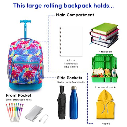 J World Sunrise Kids Rolling Backpack with Wheels for Girls Boys, Roller Bookbag for School, 18 x 13 x 9 Inches, Tie Dye - color: Tie Dye