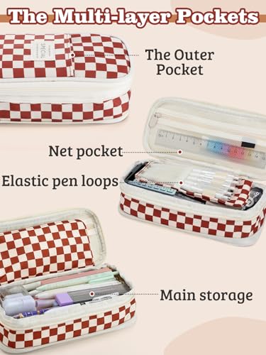 Bigmeta Gingham Expandable Pencil Case for Teens Girls - Caramel - color: Caramel