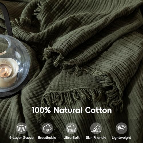 Muslin Fringe Blankets for Adults: 100% Cotton Cloud Soft - color: Olive Green, size: Twin XL (66" × 90")