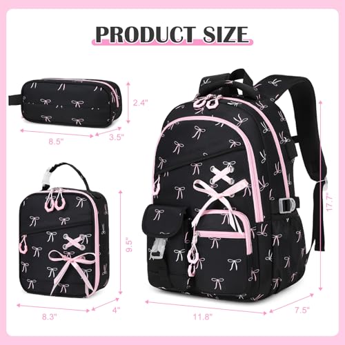 DIGOBAY Backpacks for Girls 3PCS School Backpack Lunch Box Pencil Pouch - color: Black-bow