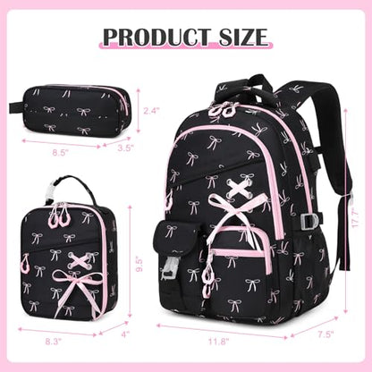 DIGOBAY Backpacks for Girls 3PCS School Backpack Lunch Box Pencil Pouch - color: Black-bow
