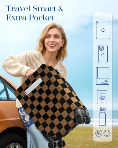 Slohif Classic Brown Checkered Luggage Cover with Storage Pocket 28-30 inch - color: Khaki Black Checkered, size: L-(28-30)Inch