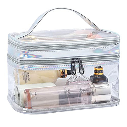 Clear Cosmetic Bag Dual Layer Travel Toiletry Bags Make up Organizer Waterproof Brushes Holder - color: Silver