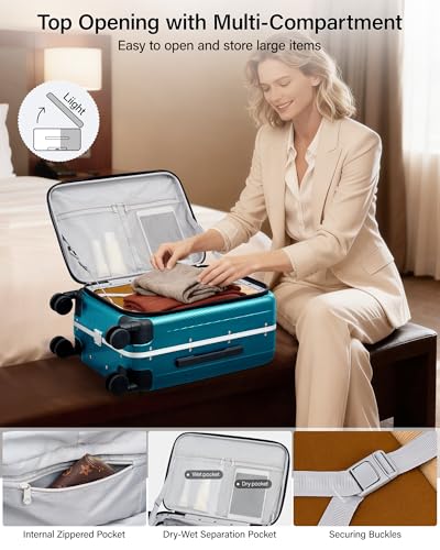 Hanke 24 Inch Medium Checked Luggage, Top Opening Aluminum Frame Suitcase - color: Caribbean Blue, size: 24 Inch