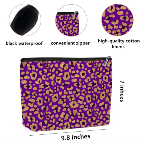 Purple Leopard Print Makeup Bag Cosmetic Bag, Makeup Organizer for Women - color: Purple Gold Black Leopard 582