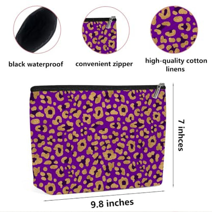Purple Leopard Print Makeup Bag Cosmetic Bag, Makeup Organizer for Women - color: Purple Gold Black Leopard 582