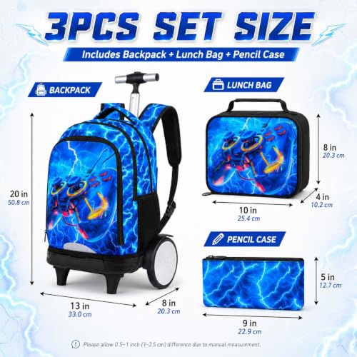 KLFVB Big Quiet-Glide Wheels Roller Bag, 3-in-1 Rolling Backpack Set with Lunch Bag | Water-Resistant Wheeled Bookbag for Boys, School, Travel, Play - Lightning Game Controller - color: Rolling Backpack With Big Wheels - Lightning Game