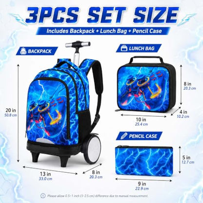 KLFVB Big Quiet-Glide Wheels Roller Bag, 3-in-1 Rolling Backpack Set with Lunch Bag | Water-Resistant Wheeled Bookbag for Boys, School, Travel, Play - Lightning Game Controller - color: Rolling Backpack With Big Wheels - Lightning Game