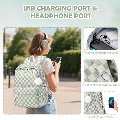 3PCS Corduroy Girls Backpack w/ Lunch Box & Pencil Bag (Green Chessboard) - color: Green Chessboard