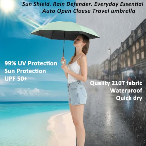 BAODINI Small UV Protection Travel Umbrella Compact for Rain and Sun UPF 50+ Windproof Portable 42 inch Umbrella for Women and Men - color: G-2 Pack Light Green & Black