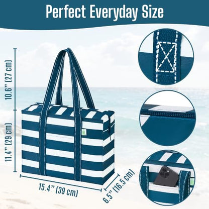 VENO 2 Pack Utility Tote Reusable Grocery Bags with Zipper & Hard Bottom - color: Classic Navy Stripe, size: 2 Pack