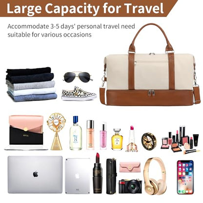 Women's Weekender bag Travel Duffel Bag with Shoe Compartment 21-inch Airline-Approved Carry-On, 2-Piece Overnight Bag Set Personal Item Luggage - color: D- BrownBeige