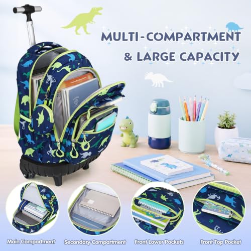 3 PCS Dinosaur Rolling Backpack for Boys Girls with Lunch Bag - color: Green Dinosaur