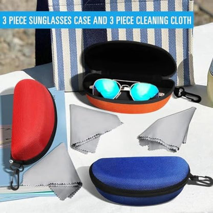 ZONLY 3 Pack Sunglasses Case Portable Travel Zipper Eyeglasses Case Hook With Cleaning Cloth - color: B-red+blue+orange
