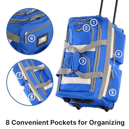 Olympia U.S.A. 29 inch Jumbo Size 8 Pockets Wheeled Rolling Duffel Bag Water Resistant Luggage Lightweight Travel Suitcase with Retractable Handle - color: Royal Blue, size: 29 inch