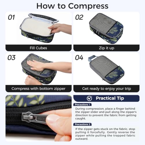 BAGAIL 4 Set/6 Set/8 Set Compression Packing Cubes Travel Accessories Expandable Packing Organizers (Half Mesh, 6-Navy Leaf) - color: 6-Navy Leaf, style: Half Mesh