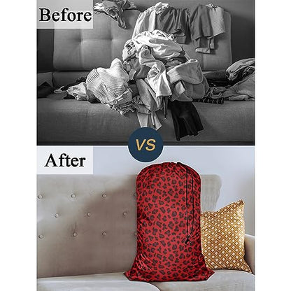 Swono Red Leopard Pattern Laundry Bag Large Heavy Duty Laundry Backpack with Adjustable Drawstring Closure Animal Print Panther Wildlife Laundry Hamper for Traveling Dirty Clothes Organizer - color: Red Leopard Pattern