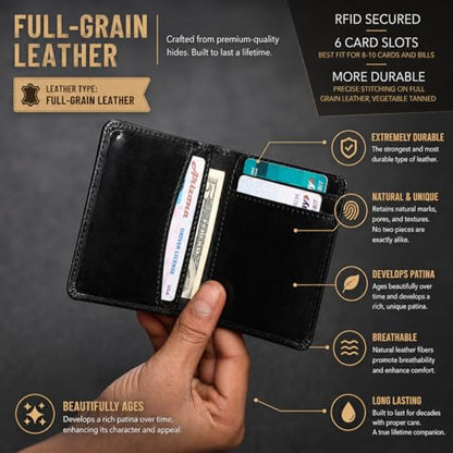 FOXHACKLE Full Grain Leather Credit Card Holder for Men and Women, Slim Bifold RFID Blocking Wallet, Thin Front Pocket Minimalist Wallet, Small Card Case. - color: Black