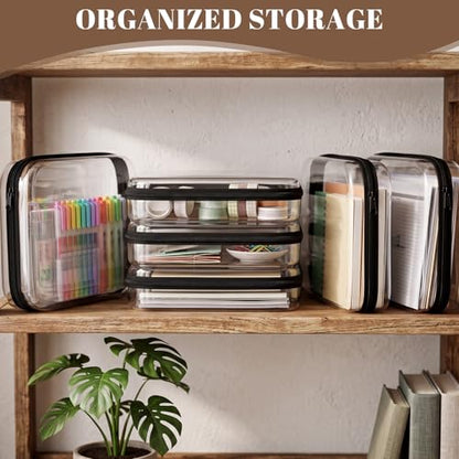 12 Pack Clear Hard Shell Zipper Case with 40 Labels, X-Large/Medium/Small Stackable Clear Pouches, Crush-resistant Travel Toiletry Bag Organizer for Makeup Board Games Electronics (Black) - color: Black