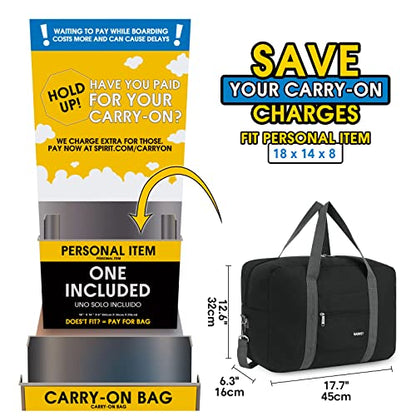 Narway Personal Item Travel Bag, Carry on Foldable Duffle Bag for Women Men - color: ZA-Thick Black
