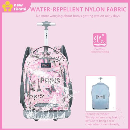 NEW TILAMI 18 Inch Rolling Backpack with Lunch Bag for Girls Boys School - color: Pink Paris