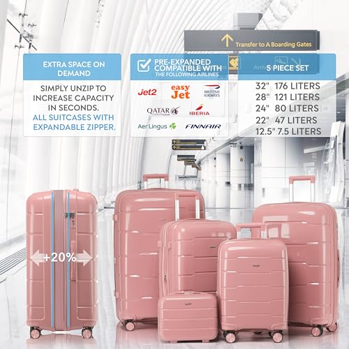5-Piece Luggage Set Expandable Hardside Polypropylene Suitcase Set with TSA Locks & 8 Silent Spinner Wheels Lightweight Nested Suitcases Travel Set American Airline-Approved Carry-On - Pink - color: Pink, size: 5-Piece Set