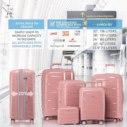 5-Piece Luggage Set Expandable Hardside Polypropylene Suitcase Set with TSA Locks & 8 Silent Spinner Wheels Lightweight Nested Suitcases Travel Set American Airline-Approved Carry-On - Pink - color: Pink, size: 5-Piece Set