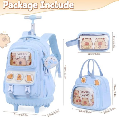 Capybara Rolling Backpack for Girls with Lunch Box & Pencil Case - color: Blue
