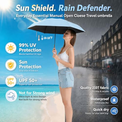 BAODINI Mini Travel Umbrella with UV Sun Protection, Compact Pocket-Size - color: A-1-Light Blue