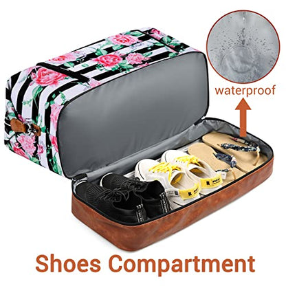 TIBES Travel Weekender Bag for Women, Overnight Bag with Shoe Compartment - color: M-Flower Black & White Strips