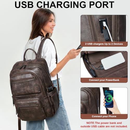 Leather Laptop Backpack for Women with RFID Wristlet Purse, Fits 17" Laptop - color: Coffee