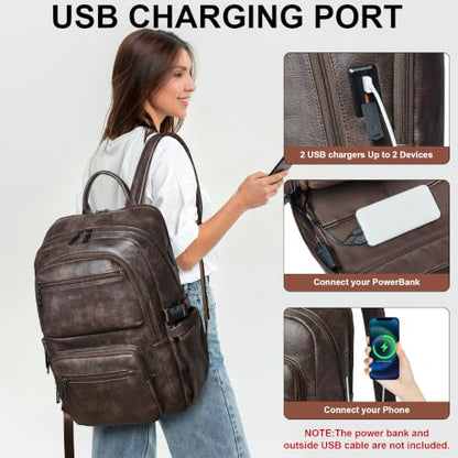 Leather Laptop Backpack for Women with RFID Wristlet Purse, Fits 17" Laptop - color: Coffee