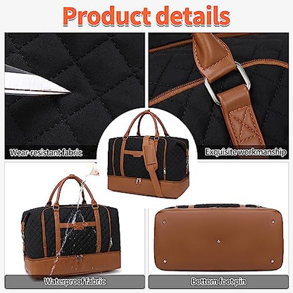Weekender Bag, Large Travel Duffel Bag for Women, Carry on Overnight Bag with Shoe Compartment and Toiletry Bags - color: Black-Brown