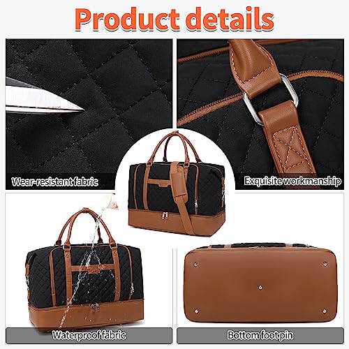 Weekender Bag, Large Travel Duffel Bag for Women, Carry on Overnight Bag with Shoe Compartment and Toiletry Bags - color: Black-Brown